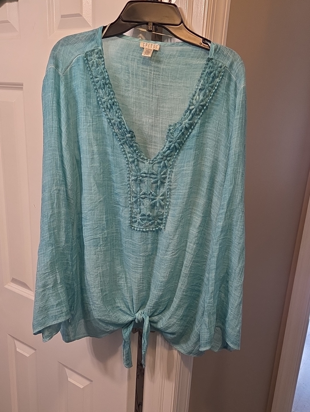Spense Turquoise Gauze V-Neck Tie-Front Tunic